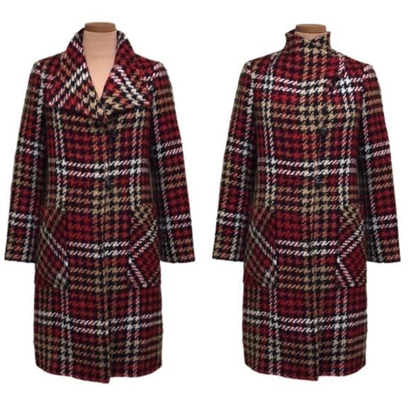 NVLT Houndstooth Pea Coat Peacoat Size 4 Red Tan Black - Picture 1 of 12